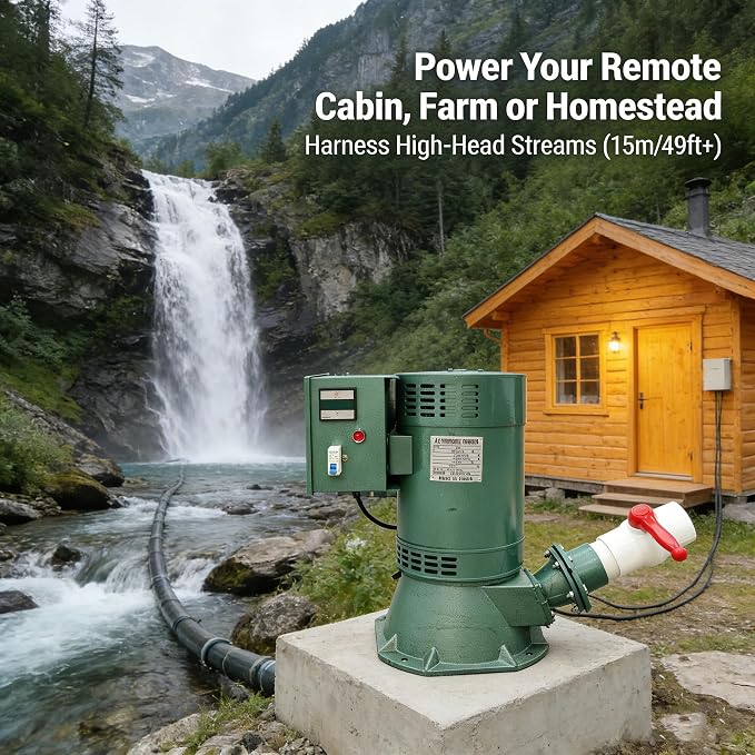 5KW Hydroelectric Generator Set Water Power Generator Automatic Voltage Regulation & Leakage Protection ≥15m/49FT Off-Grid Power Generator Pelton Turbine for Home/Rural Use 220V/60HZ
