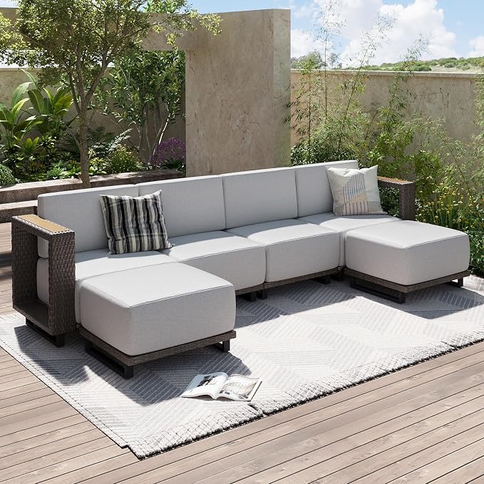 Aoxun Patio Furniture Set, 6 Piece Outdoor Wicker Sectional Sofa Set, All-Weather Rattan with 10'' Ultra-Thick Cushions, Outdoor Conversation Set for Backyard, Poolside and Garden, Brown/Light Gray