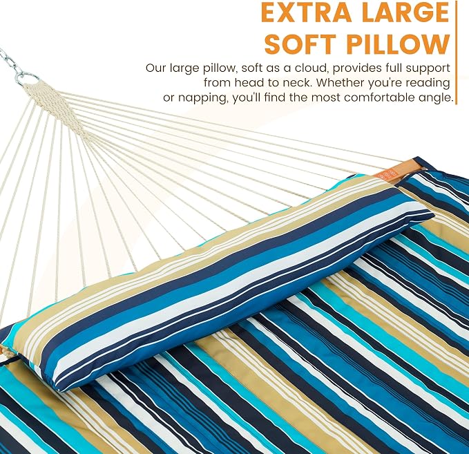 Lazy Daze Hammocks 2 Person Portable Hammock with 12FT Stand, Double Hand Woven Cotton Rope Hammock with Detachable Quilted Pad & Pillow for Outside, 450lb Capacity, Beach Stripes