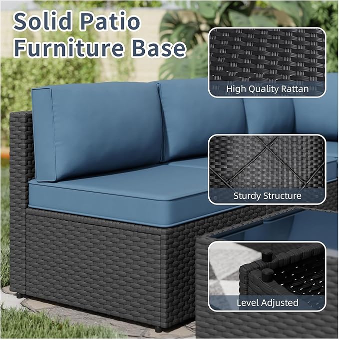 5pcs Patio Outdoor Furniture Sets Conversation Set, Low Back All-Weather Rattan Sectional Sofa with Tea Table&Washable Couch Cushions, Patio Furniture Sets (Black Rattan)