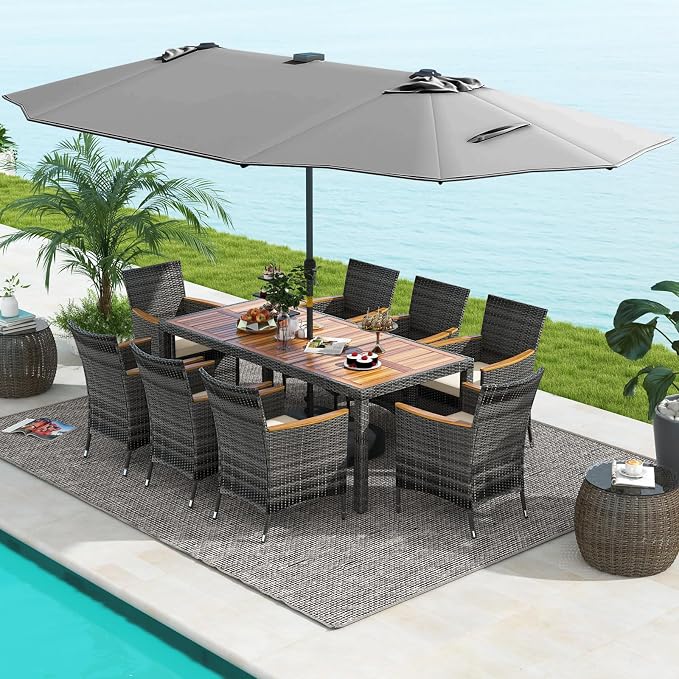 Tangkula 11 Pieces Patio Dining Set with 15 ft Double-Sided Patio LED Umbrella (Base Included), Outdoor Rattan Furniture Set with 8 Armchairs, 1 Rectangular Acacia Wood Dining Table