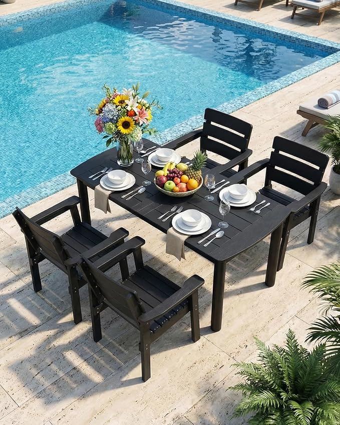 Outdoor Rectangle Dining Table with Rounded Edge, 67" All-Weather HIPS Patio Table for 6, Outdoor Furniture with Umbrella Hole, Ideal for Garden, Poolside, Backyard, Deck, Black