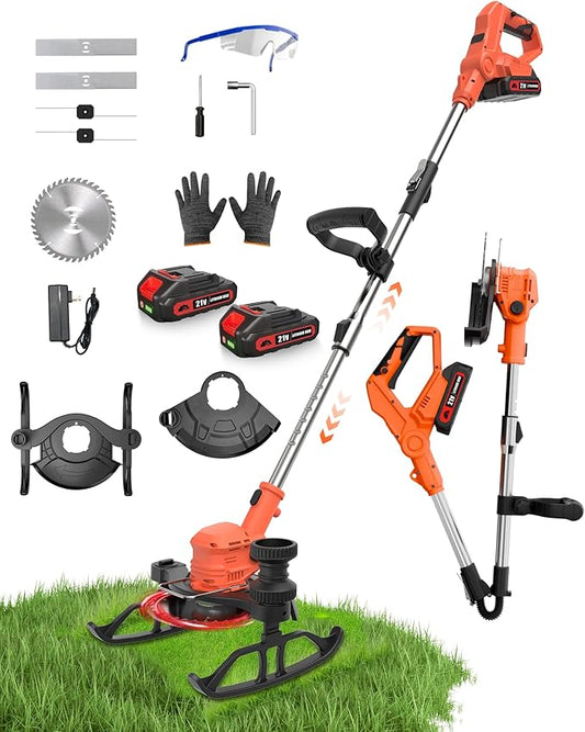 21V Cordless Weed Wacker, 3-in-1 Foldable String Trimmer/Edger/Grass Cutter, Lightweight Cordless Weed Eater with 2x2.0Ah Batteries & Charger for Lawn Garden Yard Maintenance