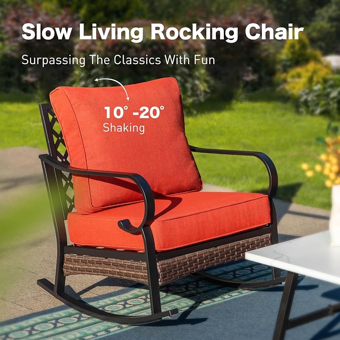 SUNSHINE VALLEY 5 Piece Metal Outdoor Patio Furniture Sets with Firepit Table, Patio Conversation Sets 1 3-Seater Sofa, 1 Loveseat, 2 Rocking Chair with 5.75" Cushion for Backyard Deck, Rust Red