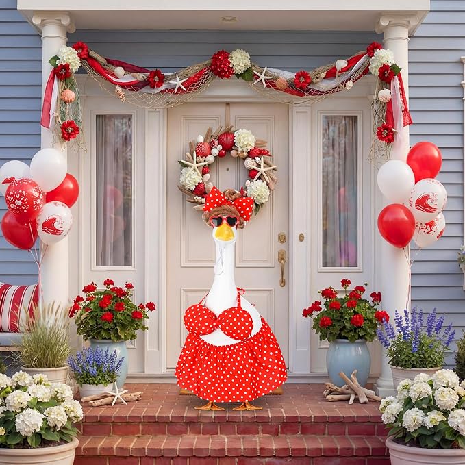 Abbylike Summer Bikini Porch Goose Outfit Red Polka Dot Bikini Yard Goose Hawaiian Clothes with Sunglasses and Curls Wigs Fits Large 23'' H Cement for Outdoor Garden Patio Pathway Statue Art Decor