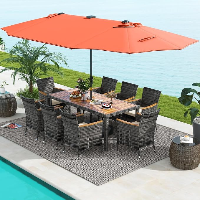 Tangkula 11 Pieces Patio Dining Set with 15 ft Double-Sided Patio LED Umbrella (Base Included), Outdoor Rattan Furniture Set with 8 Armchairs, 1 Rectangular Acacia Wood Dining Table (Orange)