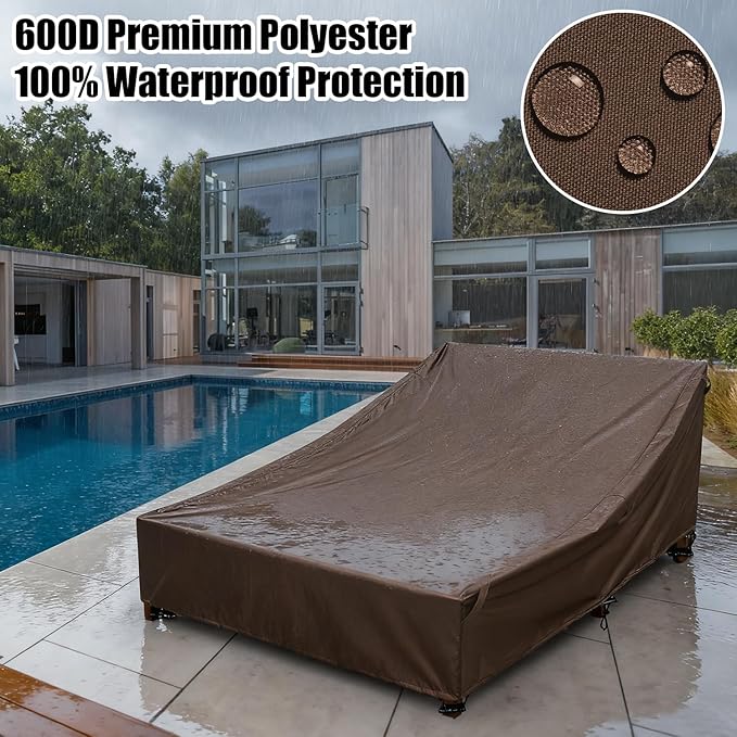Outdoor Lounge Chair Cover 100% Waterproof Weatherability Patio Double Chaise Lounge Covers, Outdoor Daybed Cover for Double Wide Chaise Lounge Chair Patio Furniture Covers ( Brown)