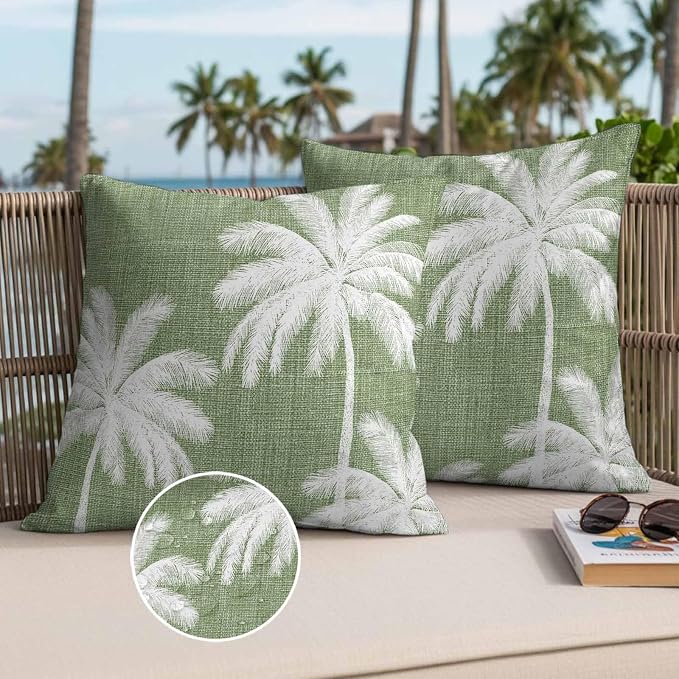 Outdoor Pillow Covers 26x26 Inch Set of 2, Dark Sage Green Palm Trees Waterproof Throw Pillow Covers, Tropical Summer Beach Decorative Cushion Pillowcases for Couch, Sofa, Bed, Garden, Patio