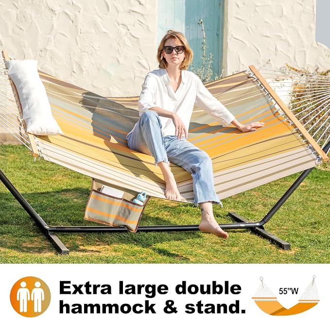 GAFETE Waterproof Double Hammock with Stand for Outside Heavy Duty, 2 Person 55'' Extra Large Quick Dry Textilene Hammocks with Hardwood Spreader Bar, Pillow, Side Pocket, 475lbs Capacity (Coffee)