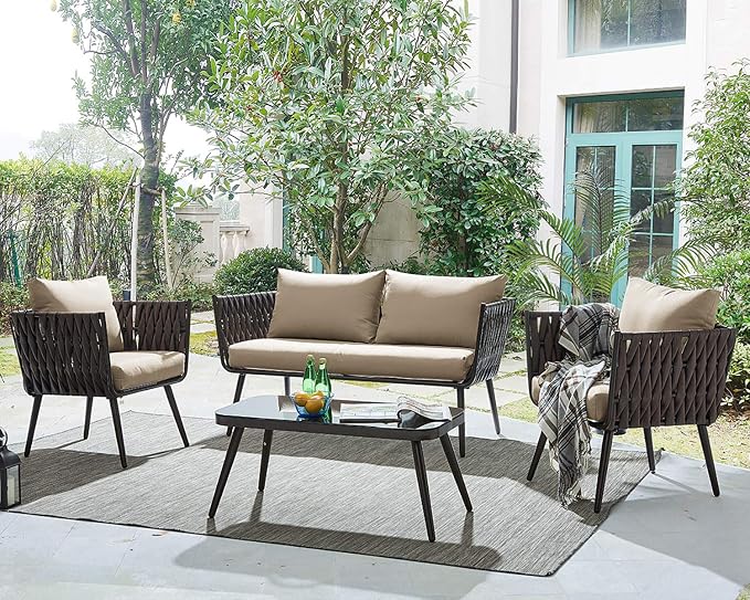 Barton 4 Piece Bistro Sofa Set w/Cushions Coffee Table Outdoor Patio Wicker Rattan Furniture Space Saving