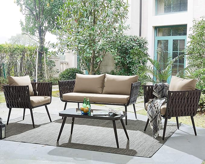 Barton 4 Piece Bistro Sofa Set w/Cushions Coffee Table Outdoor Patio Wicker Rattan Furniture Space Saving