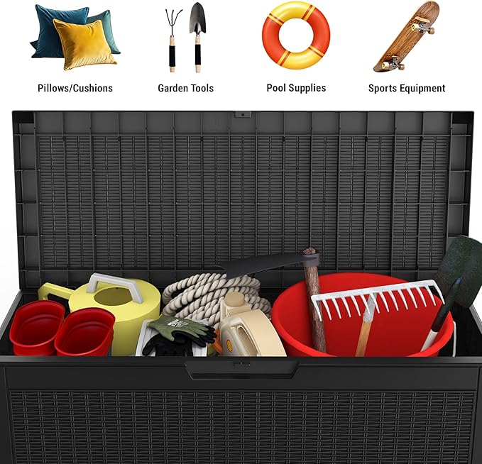Mars Villa 60 Gallon Deck Box with Seat, Resin Outdoor Storage Box Waterproof, Lockable Lid, Weatherproof and UV Resistant, for Patio Furniture Cushions, Pool Supplies, Garden Tools, Black