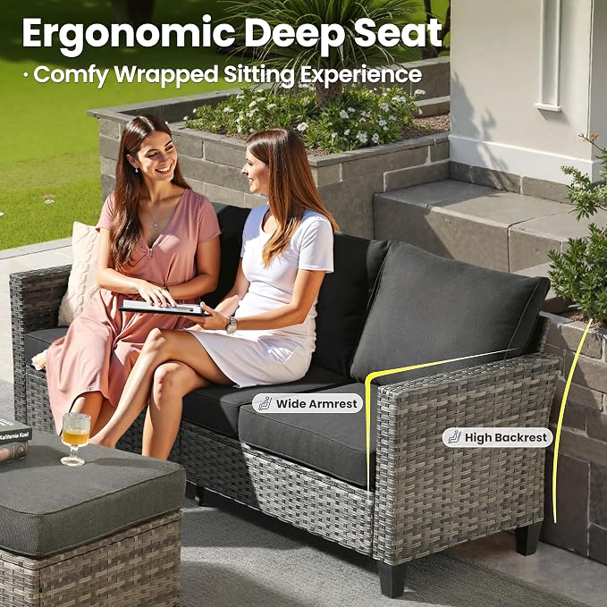 ovios 6 Pieces Patio Furniture Set with Fire Pit Table, Outdoor Wicker 3-Seat Sofa with Comfy Cushion, High Back Rattan Conversation Set for Deck Porch, Black