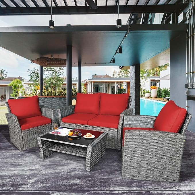 COSTWAY 4 Pieces Patio Rattan Furniture Set, Outdoor Wicker Sofa Set with Tempered Glass Coffee Table, Cushions, All Weather Rattan Conversation Set for Yard Balcony Backyard Pool (Red)