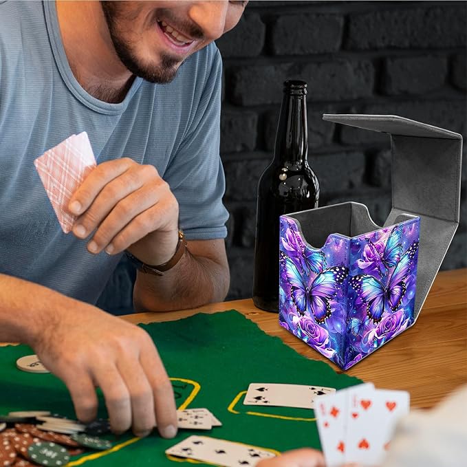 Deck Box for MTG, Cards Storage Box Fits 120+ Sleeved, Leather Medium Size Strong Magnetic Closing Card Case for Board Games Magic TCG CCG Baseball Collection, Purple Butterfly Flower
