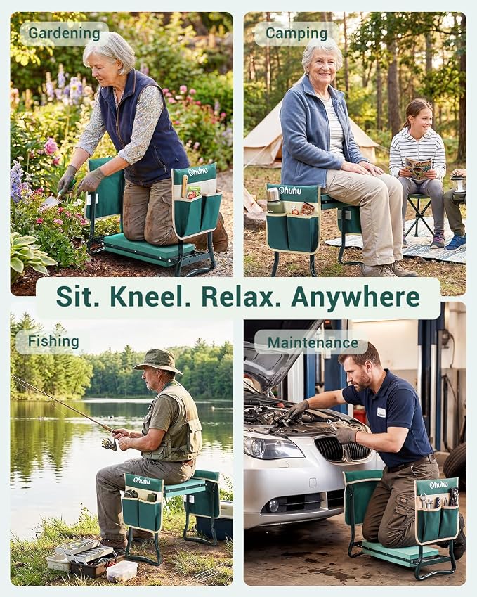 Ohuhu Garden Kneeler and Seat Heavy Duty, Upgraded Gardening Stool with Thicker Wider EVA Foam Kneeling Pad Foldable Garden Bench with 2 Large Tools Pouches, Gardening Gifts for Women Mom Men Seniors