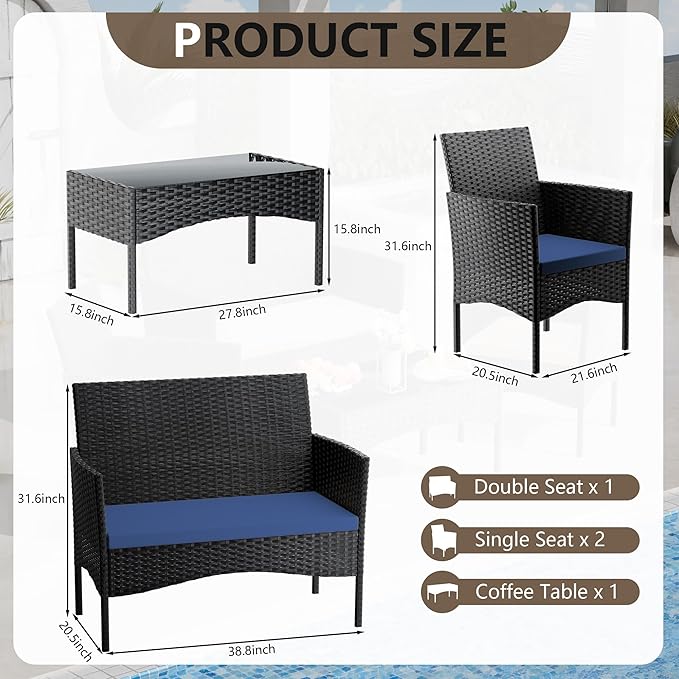 4 Pieces Patio Furniture Set Outdoor Conversation Set Rattan Furniture Set Wicker Chairs and Sofa with Glass Table for Porch Pool Backyard Garden,Navy Blue