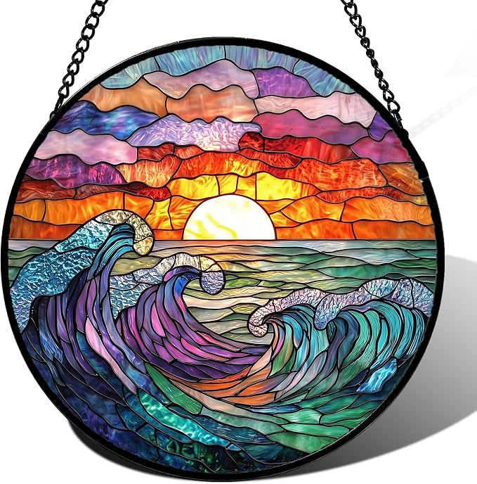DASTOLL Stained Glass Window Hanging, Clouds and Sea Waves Suncatcher Diamond Glass Panel Hangings Scenery Sun Catchers Decor for Birthday for Women, Men, Wife, Aunt, and Mom 14.9 in