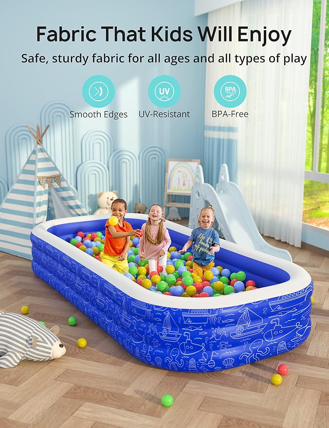 Large Inflatable Swimming Pool with Canopy, 150” x 70” x 20” Full-Sized Inflatable Pool for Kids & Adults, Kiddie Pool with Sun Shade, Blow Up Pool for Backyard, Garden, Age 3+, Blue