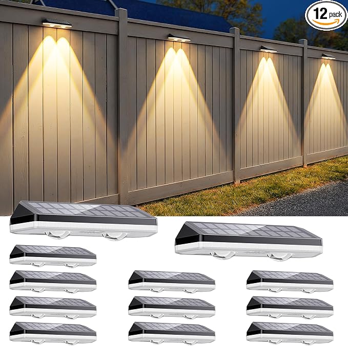 Solar Fence Lights Outdoor,3000/4500/6000K/RGB 13 Mode 12PACK Fence Lights Solar Powered High Brightness LED Lens IP65 Waterproof Solar Wall Light for Outside/Patio/Step/Backyard/Railing Pool/Deck