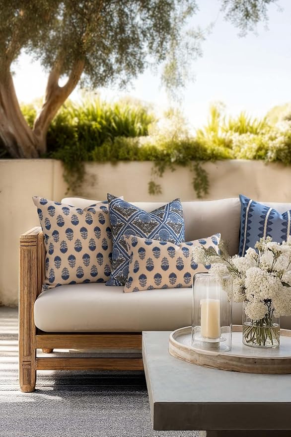 California Casual Coastal Indoor Outdoor Throw Pillow Cover, 20"x20" Water Repellent for Patio, Backyard, Couch, Poolside, Earth Tone Azure Blue Neutral Block Print Flowers
