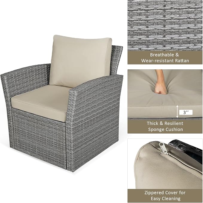COSTWAY 4 Pieces Patio Rattan Furniture Set, Outdoor Wicker Sofa Set with Tempered Glass Coffee Table, Cushions, All Weather Rattan Conversation Set for Yard Balcony Backyard Pool (Khaki)