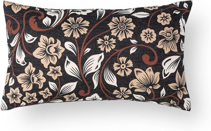 Modern Farmhouse Fall Linen Indoor Outdoor Lumbar Pillow Cover Only, 12"x20" Water Repellent for Patio, Backyard, Couch, Black Ivory Cream Floral