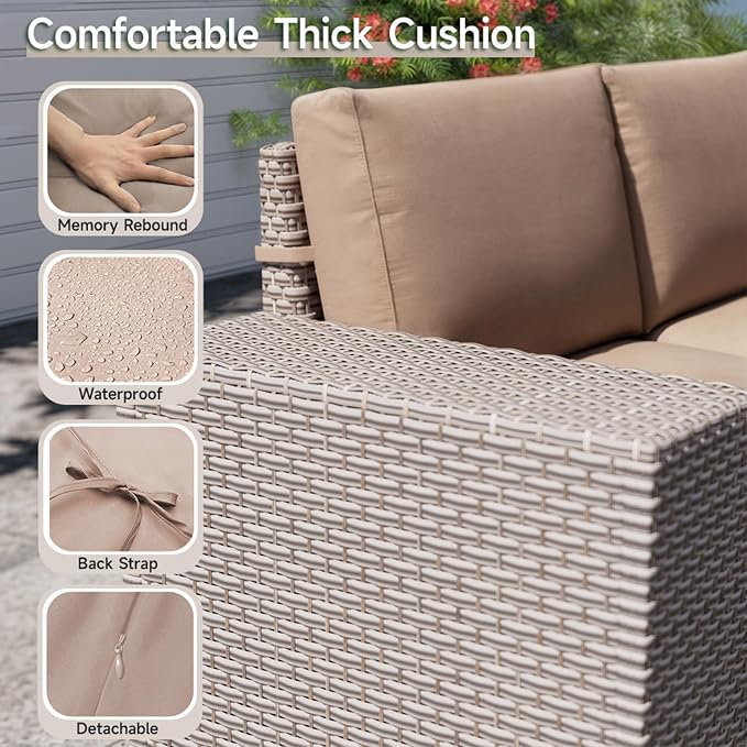 6-Piece Outdoor Patio Furniture Set, Modular Sectional Sofa Set with Glass Coffee Table and Cushions, Wicker Outdoor Couch Conversation Sets, Khaki
