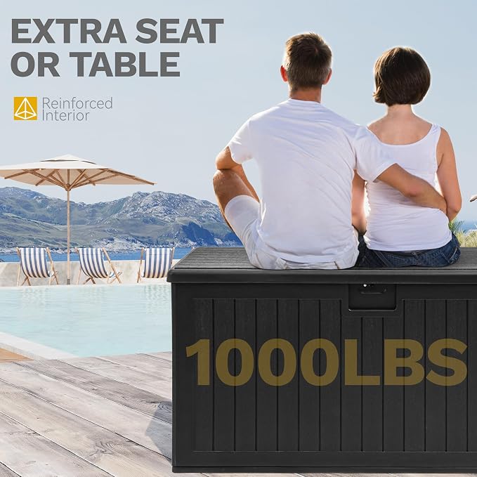 DWVO 180 Gallon Resin Outdoor Storage Box, XXL Double-Wall Waterproof Deck Box, Doubles as Table or Seating with 1000 lbs Capacity, Lockable (Black)