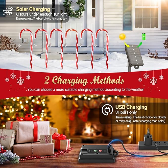 BUCASA 24 Pack Christmas Decorations Outdoor Solar Candy Cane Lights, 144 LEDs, 10 Modes, Waterproof, USB Rechargeable, Perfect for Yard, Garden, Pathway