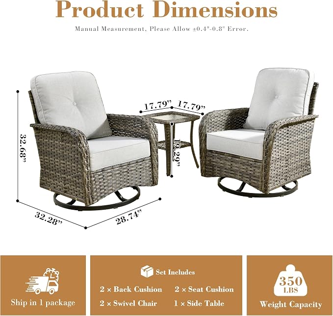 3 Pieces Patio Furniture Set, High Back Outdoor Swivel Rocker Chairs, Wicker Outdoor Furniture with Swivel Rocking Chairs and Side Table for Porch, Backyard, Balcony, Balcony,Grey