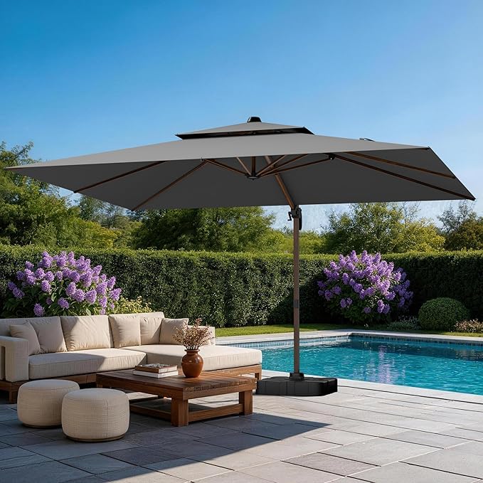 GENTEACO 10x13FT Wood Pattern Cantilever Patio Umbrella, Double Top Rectangle Offset Umbrella 7 Angle Tilts & 360° Rotation, Large Heavy Duty Outdoor Sun Umbrella for Pool Market, Grey