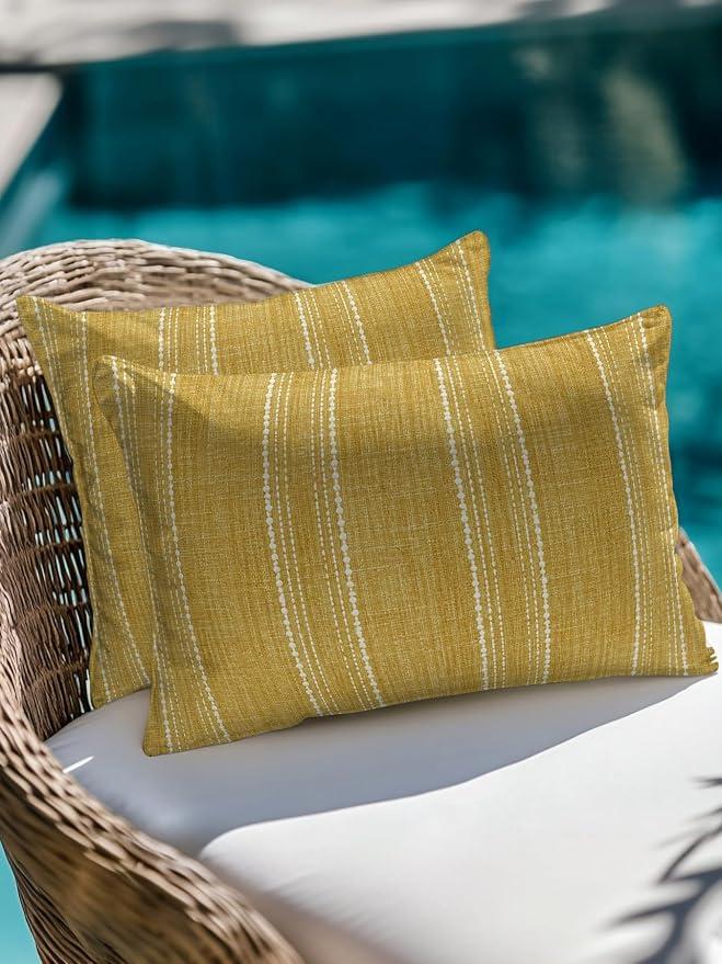 Waterproof Outdoor Pillow Set of 2 Yellow Linen Stripes Decorative Throw Pillows Cover & Insert 20x12 Inch Lumbar Pillowcase Parallel Vertical Lines Pillows for Couch Sofa Bed Patio Furniture