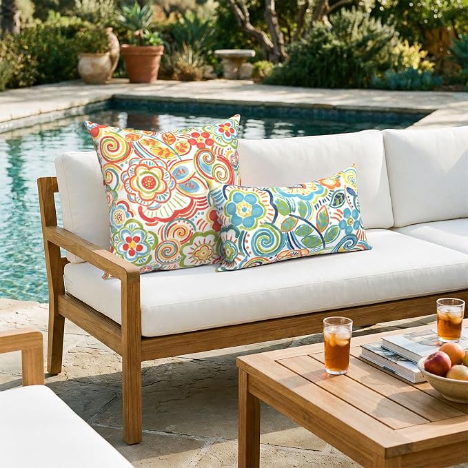 Pack of 2 Patio Throw Pillow Covers ONLY, Water Repellent Cushion Cases 20x20 Inch, Square Pillowcases for Outdoor Couch Decoration, Flower Multi