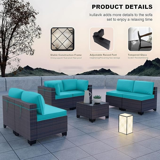 Outdoor Patio Sectional Furniture Set 7 Pieces PE Wicker Sofa Set with Tempered Glass Table and 6 Removable Sand Cushions, Manual Rattan Conversation Couch for Backyard Garden Deck
