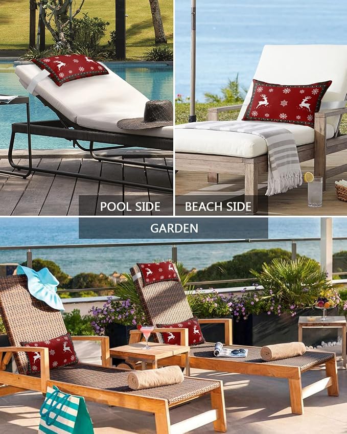 Outdoor Pillows Covers with Inserts Christmas Elk Snowflake Plaid Border Waterproof Recliner Pillow with Adjustable Strap Throw Pillows for Patio Furniture Pool Lounge Chair, 11x16 inch, 1PCS