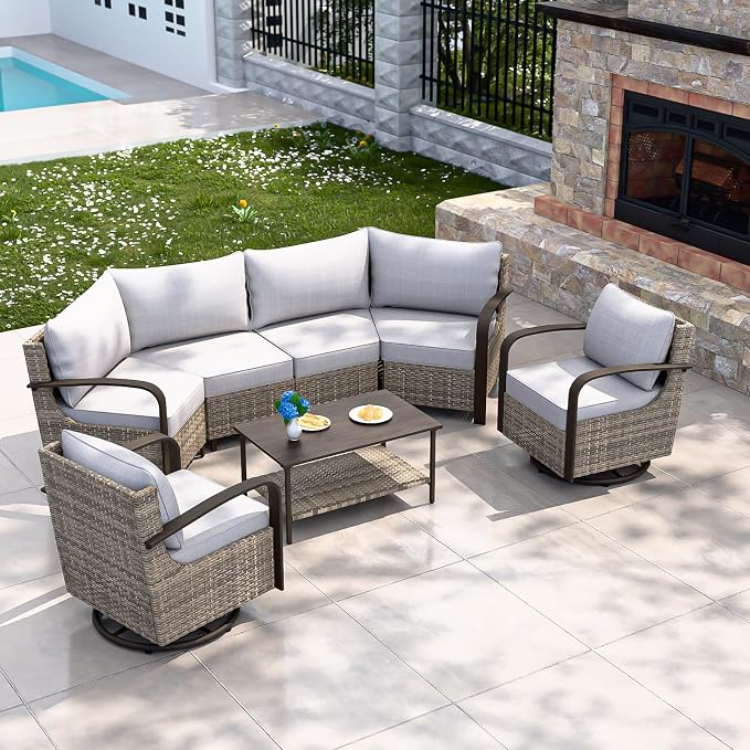 COOS BAY Aurora Terrace 6 Piece Outdoor Sectional Furniture Set, Half Moon Rattan Wicker Conversation Set with Swivel Chairs, 4 Seat Sofa & Coffee Table for Patio Garden Yard, Beige/Beige