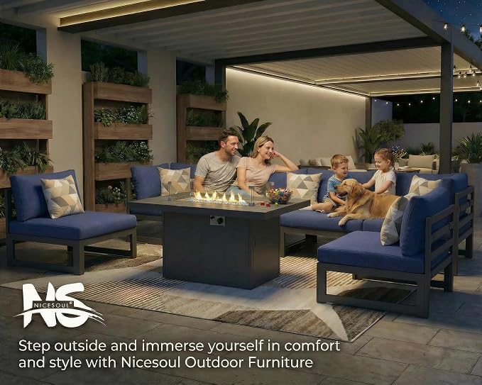 NICESOUL 15 Pcs Large Modern Aluminum Patio Furniture Set with Fire Pit Table Propane/Gas, L Shaped Sectional Sofa with Side Table, 500 lbs Heavy Duty Comfy Outdoor Couch for Backyard Lawn, Navy Blue