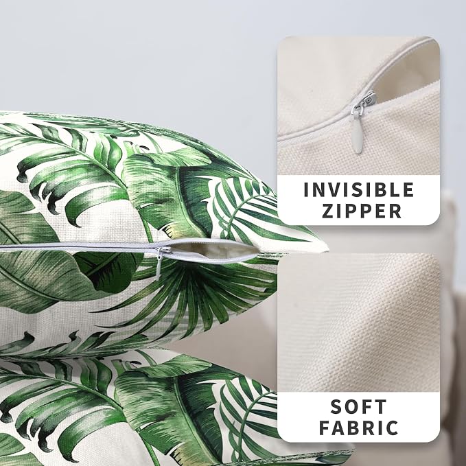 Palm Leaf Pillow Covers Tropical Monstera Leaves Throw Pillow Covers 18x18 Set of 2 Hawaiian Green Pillow Cases Summer Banana Tree Outdoor Cushion Cases for Home Farmhouse Garden