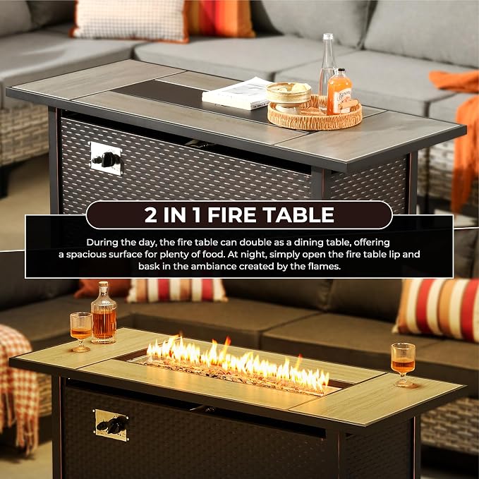 11 Piece Patio Furniture Set Outdoor Sectional with 54" Fire Pit Table, Wicker Swivel Rocking Chairs and L-Shaped Rattan Couch, Modular Conversation Set with Solar Coffee Table for Backyard, Navy Blue