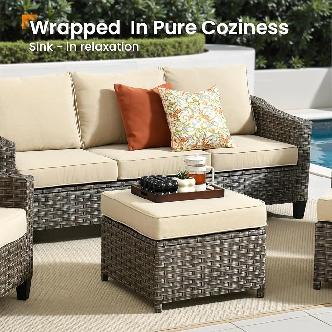 CAODOC 5 Pcs Patio Conversation Set for 7 Seats, Rattan Wicker Outdoor Patio Furniture Set, 2 x Single Chair, 2 x Ottoman, 3-Seat Sofa for Lawn Garden Backyard(Dark Grey)