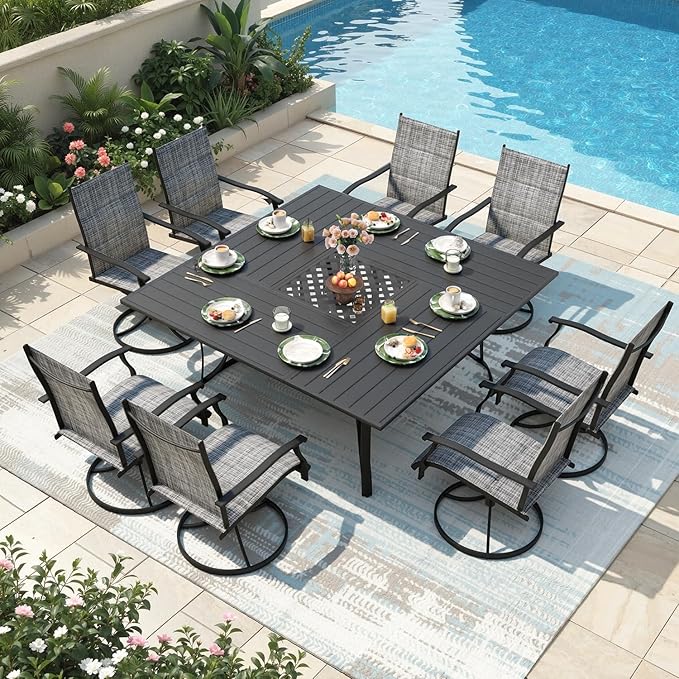 9 Pieces Patio Table and Chairs Set, 59.6" Square Dining Table with Umbrella Hole, 8 High Back Textilene Swivel Chairs,Dining Table Set for 8,Outdoor Furniture for Porch Deck Yard Balcony, Grey