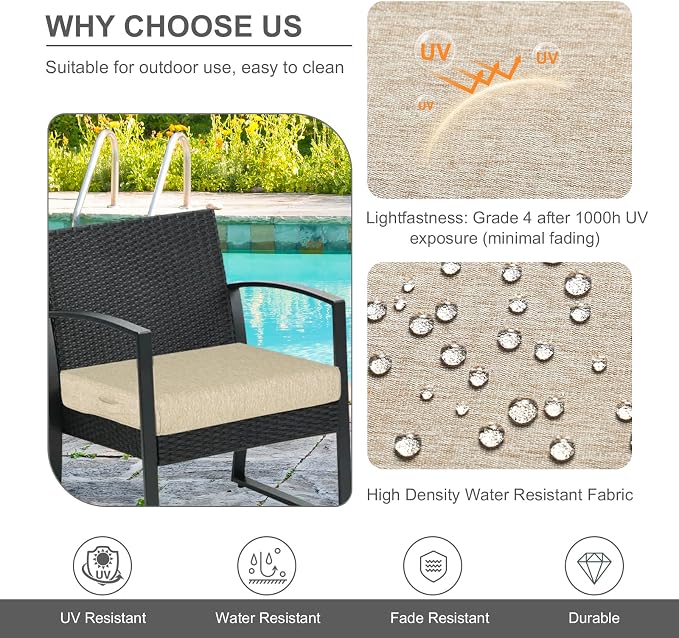 Aoodor Patio Chair Cushions Set of 2, 25 x 25 x 4 Inch Water Resistant Outdoor Seat Cushions with Handle and Ties, Square Corner Cushions for Patio Furniture Garden Lawn, Brown