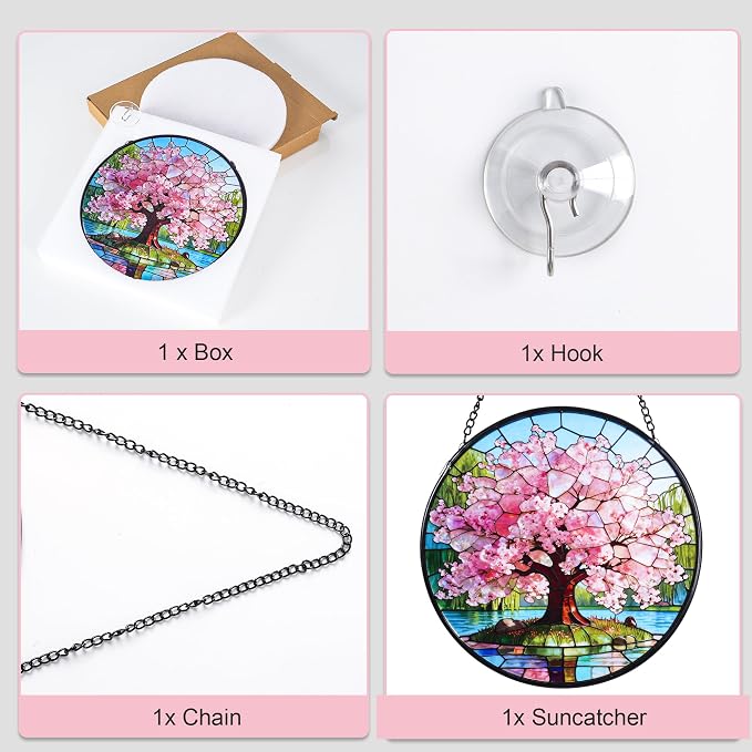 Stained Glass Window Hanging, Pink Cherry Blossom Tree Suncatcher 7.8 in Sun Catcher Boho Wall Art Decor with Chain Diamond Glass Panel Hangings Scenery Sun Catchers Decor for Lover Couple Mom
