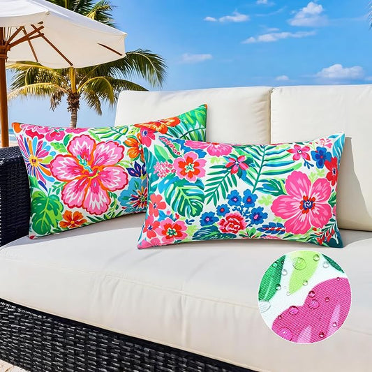 Outdoor Pillow Covers 12x20 Inch Set of 2 Tropical Floral Plants Boho Throw Pillows Cases Waterproof Square Garden Cushion Sham for Patio Funiture Tent Balcony Bench Sofa Couch