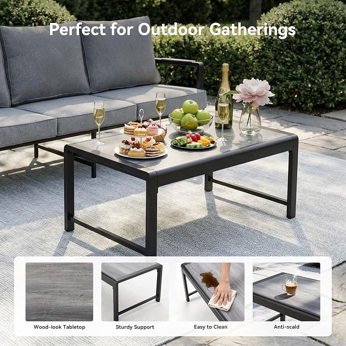 COSIEST Iron-Aluminum Patio Furniture Set, 3-Seat Metal Patio Sofa w Wood-Grain Coffee Table, Weather-Resistant Outdoor Sectional Sofa for Balcony, Porch,Deck