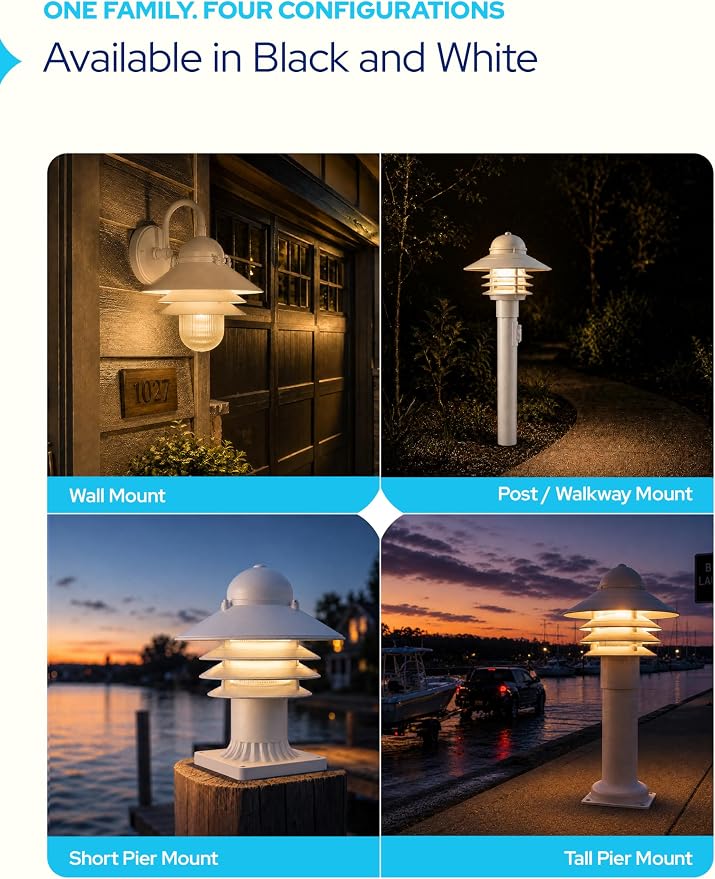 Nautical Pier Mount Outdoor Lighting - Salt-Air Tough Rust-Proof Non-Metallic Coastal Lamps - UL Listed Dock Lights - Patio Fence Deck Porch Lights Outdoor - USA Made, Short, Basic, Black