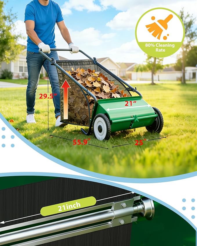 Push Lawn Sweeper,21-Inch Width Enhanced 4-Brush System, 3.5 ft Capacity Heavy Duty Steel Frame, Ideal for Yard and Garden Clean up, Green