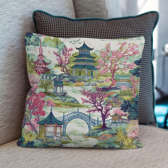 Cushion Cases Chinoiserie Pagoda White Coral Blue Asian Pillowcase Abstract Chinoiserie Chic Asian Pillow Cover Accent Decorative Cushion Covers Home Decor for Patio Garden Chairs 22x22 in