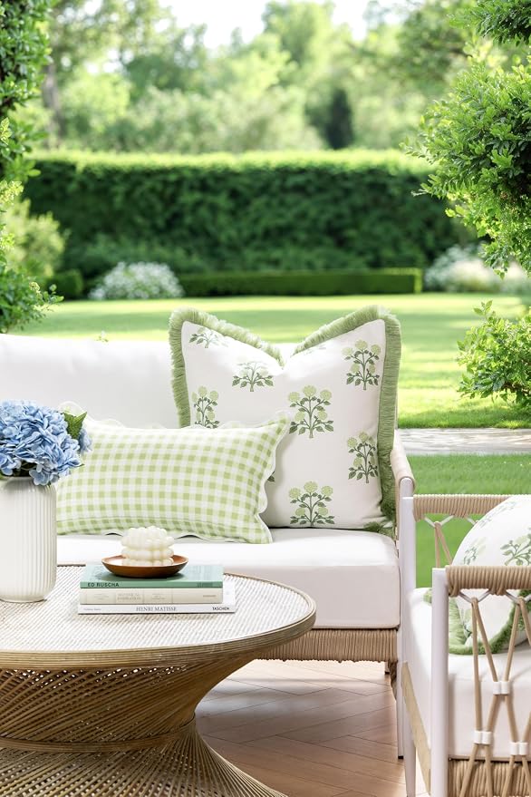 Hofdeco Premium Grandmillennial Coastal Hampton Patio Indoor Outdoor Throw Pillow Cover Only, 20"x20" Water Repellent for Backyard, Couch, Poolside, Grass Green Print Hydrangea Flowers